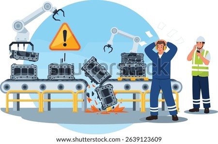 Production line malfunction causes potential damage to engine parts during automated manufacturing process in industrial factory cartoon isometric