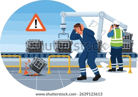 Production line malfunction causes potential damage to engine parts during automated manufacturing process in industrial factory cartoon isometric