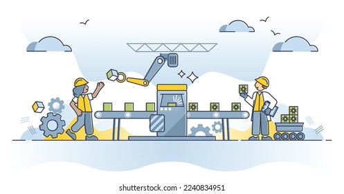 Production line and manufacturing conveyer in 4.0 factory outline concept. Industrial robot arm process with semiconductor and microchip belt vector illustration. Technology parts delivery and export.