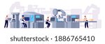 Production line. Manufacturing conveyor belt, industry machines and factory workers. Cartoon product assembly process utter vector concept