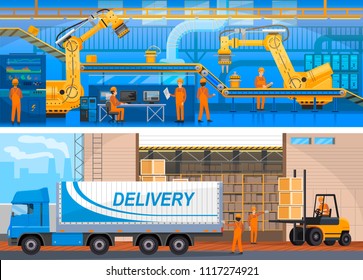 Production line on modern factory colorful card, vector illustration with workers in special equipment and mechanic robots, delivery truck on loading