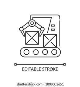 Production Line Pixel Perfect Linear Icon. Automated Manufacturing Process, Industrial Technology Thin Line Customizable Illustration. Contour Symbol. Vector Isolated Outline Drawing. Editable Stroke