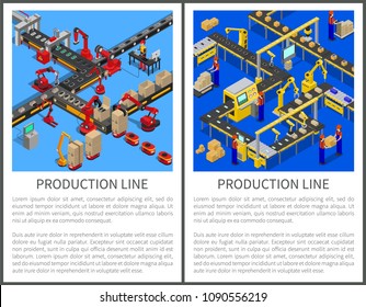 Production line posters set, banners containing text sample, workers producing boxes, monitoring process development isolated on vector illustration