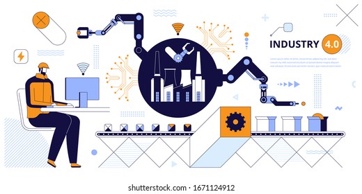 Production line vector illustration. Engineer working with interactive interface. Smart industry, innovative manufacturing. Factory infographic elements. Industry 4.0, automation, internet of things