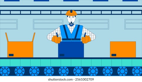 Production line worker packing boxes in warehouse flat illustration. Hard hat workman sealing cardboard box conveyor belt 2D character cartoon background. Factory scene vector storytelling image