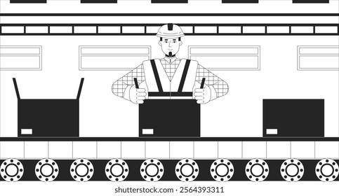 Production line worker packing boxes in warehouse black and white line illustration. Hard hat workman sealing cardboard box conveyor belt 2D character monochrome background. Factory outline vector