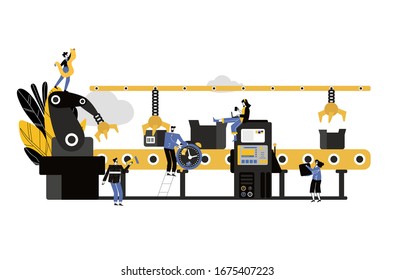 a production line with workers, automation and user interface concept: user connecting with a tablet and sharing data with a cyber-physical system, Smart industry 4.0. Vector flat illustation