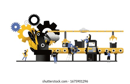 a production line with workers, automation and user interface concept: user connecting with a tablet and sharing data with a cyber-physical system, Smart industry 4.0. Vector flat illustation