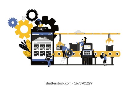 a production line with workers, automation and user interface concept: user connecting with a tablet and sharing data with a cyber-physical system, Smart industry 4.0. Vector flat illustation