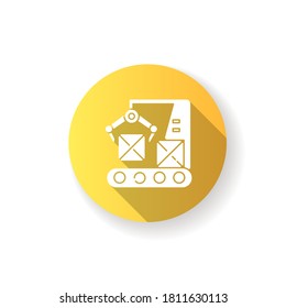 Production line yellow flat design long shadow glyph icon. Automated manufacturing process, modern industrial technology. Boxes on conveyor belt with robot arm silhouette RGB color illustration