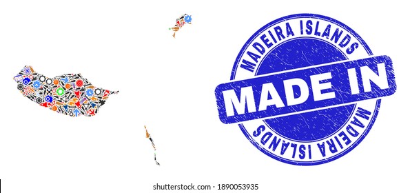 Production Madeira Islands map mosaic and MADE IN grunge stamp seal. Madeira Islands map mosaic created with spanners,wheel,screwdrivers,components,cars,electricity sparks,details.