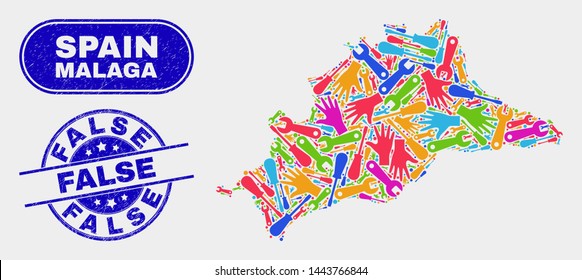 Production Malaga Province map and blue False distress seal. Colorful vector Malaga Province map mosaic of production elements. Blue round False rubber.