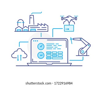 Production management application user interface. technology, connection, business robot, cyber. linear illustration Icons infographics. Landing page site print poster. Eps vector. Line story