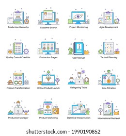 Production Management Flat Outline Icons Pack 