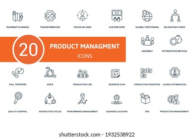 Production Management icon set. Contains editable icons production management theme such as transformation, custom code, delegating tasks and more.