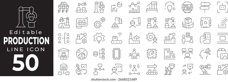 Producción, fabricación y proceso de Industrial Juego de iconos de línea delgada