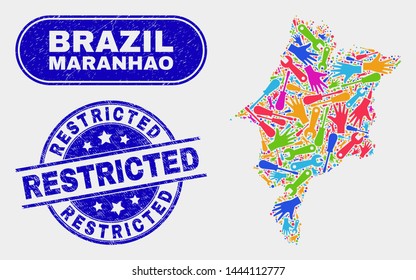 Production Maranhao State map and blue Restricted scratched seal stamp. Bright vector Maranhao State map mosaic of equipment items. Blue round Restricted rubber.