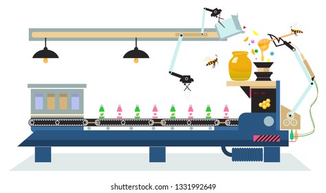 Production of medicine and vitamin on pharmaceutical factory in vector infographics. Bee controls conveyor. Apiary white flat illustration.