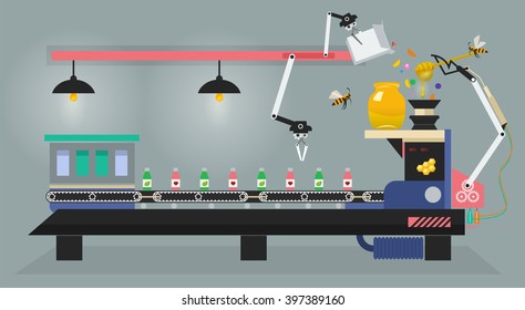 Production Of Medicine And Vitamin On Pharmaceutical Factory In Vector Infographics. Bee Controls Conveyor. Apiary Flat Illustration.