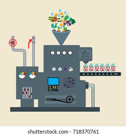 Production of medicine and vitamin on pharmaceutical factory in vector illustration. 