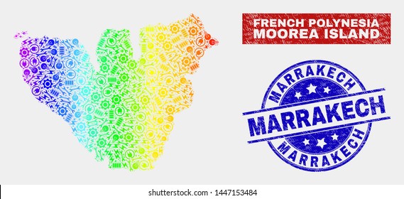 Production Moorea Island map and blue Marrakech grunge stamp. Colorful gradient vector Moorea Island map mosaic of mechanics. Blue rounded Marrakech stamp.