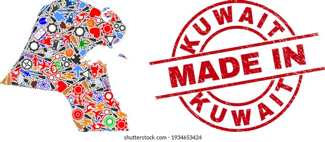 Mapa del mosaico de producción de Kuwait y sello de sellado del timbre de socorro MADE IN. Composición de mapas de Kuwait creada con palangreros, ruedas de engranajes, herramientas, aviones, transportes, chispas eléctricas, cascos.