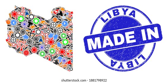 Produktions-Mosaik Libyen-Karte und MADE IN Not Gummistempel. Libyen Karte Collage gebildet mit Spannern, Getriebe, Werkzeuge, Elemente, Transporte, Energie Funken, Bugs.
