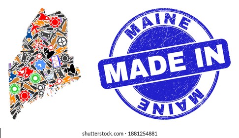Production mosaic Maine State map and MADE IN distress rubber stamp. Maine State map mosaic designed with wrenches,wheels,instruments,components,transports,electricity bolts,details.