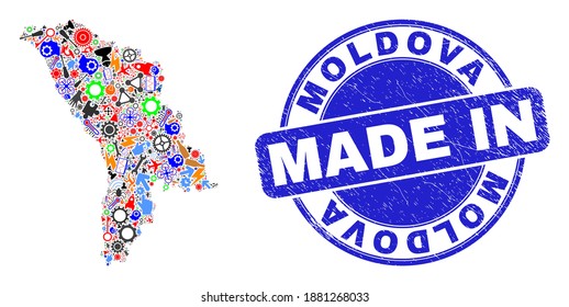 Production mosaic Moldova map and MADE IN distress stamp. Moldova map mosaic created with wrenches,wheels,instruments,elements,vehicles,electricity strikes,bugs.