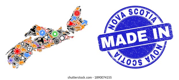 Production mosaic Nova Scotia Province map and MADE IN distress seal. Nova Scotia Province map mosaic composed with wrenches,cogs,instruments,components,vehicles,electricity sparks,rockets.