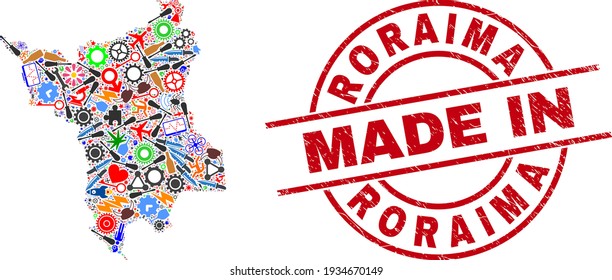 Production mosaic Roraima State map and MADE IN grunge rubber stamp. Roraima State map mosaic composed from wrenches, gearwheels, instruments, aviation symbols, cars, power bolts, details.