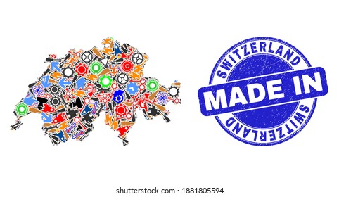 Production mosaic Switzerland map and MADE IN grunge seal. Switzerland map mosaic designed with wrenches,wheel,screwdrivers,elements,vehicles,electricity bolts,details.