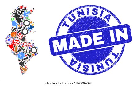 Production mosaic Tunisia map and MADE IN grunge rubber stamp. Tunisia map abstraction composed with spanners,cogs,screwdrivers,components,transports,power strikes,details.