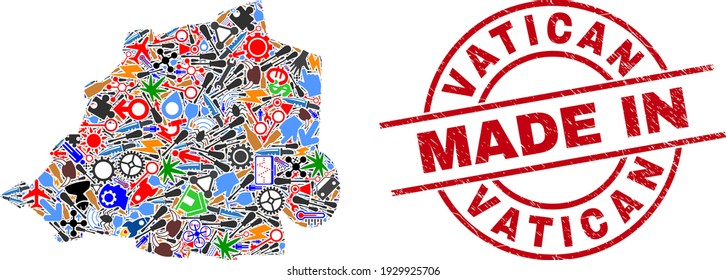 Mapa Vaticano de mosaico de producción y sello de goma arañada MADE IN. Collage de mapas del Vaticano diseñado a partir de pulseras, ruedas, destornilladores, aviones, coches, pernos eléctricos, detalles.
