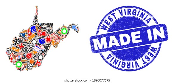 Mapa de mosaico de producción del estado de Virginia Occidental y sello de sello de MADE IN arañado. Mosaico de mapas del estado de Virginia Occidental diseñado a partir de pulseras, cogs, instrumentos, elementos, coches, pernos eléctricos, bugs.