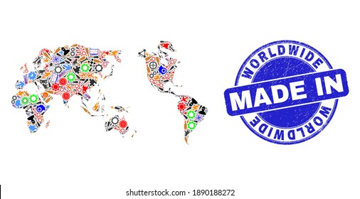 Production mosaic worldwide map and MADE IN distress stamp. Worldwide map composition composed with wrenches,cogs,instruments,,keys,airplanes,aircrafts,air planes,aviation symbols,cars,strikes,bugs.
