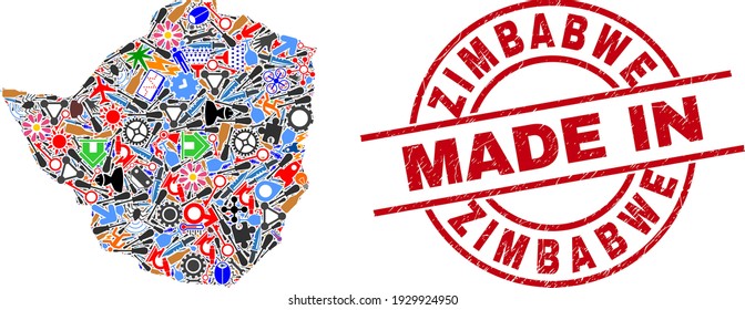 Production mosaic Zimbabwe map and MADE IN distress stamp. Zimbabwe map composition formed with wrenches, gearwheels, screwdrivers,, keys, vehicles, power sparks, rockets.