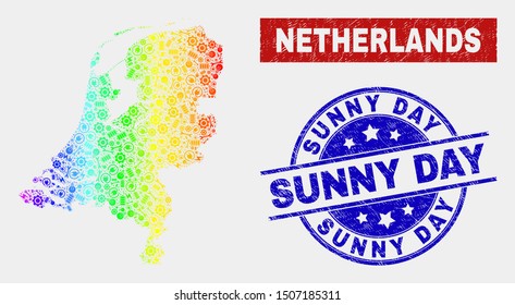 Production Netherlands map and blue Sunny Day scratched seal stamp. Rainbow colored gradiented vector Netherlands map mosaic of production parts. Blue rounded Sunny Day imprint.