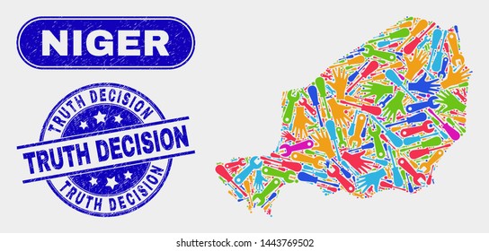 Production Niger map and blue Truth Decision grunge seal stamp. Bright vector Niger map mosaic of machinery. Blue rounded Truth Decision stamp.