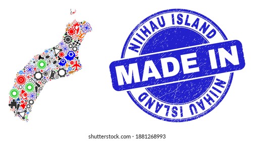 Production Niihau Island map mosaic and MADE IN textured rubber stamp. Niihau Island map mosaic designed with wrenches,wheels, tools,components,cars,electricity sparks,rockets.