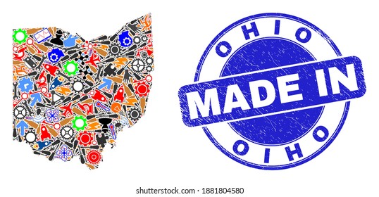 Production Ohio State map mosaic and MADE IN distress rubber stamp. Ohio State map mosaic designed with wrenches, gearwheels, tools,elements,transports,power sparks,rockets.
