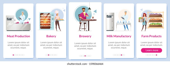 Production onboarding mobile app screen vector template. Meat, milk and farm products. Bakery. Brewery. Walkthrough website steps with flat characters. UX, UI, GUI smartphone cartoon interface concept