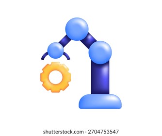 Conceito de operador de produção, automação, robótica, engenharia. Indústria transformadora e industrial. Ilustração de um braço robótico com engrenagens. Design de estilo 3D. Ícone, símbolo, elemento, fundo branco.