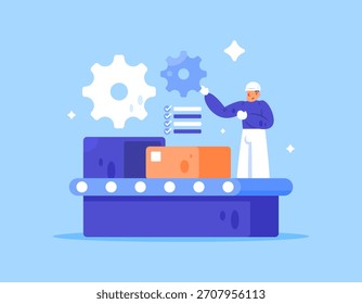 production operator concept. managing machines in the manufacturing process. workers and jobs. illustration of a man operating a production machine. flat style design. blue background