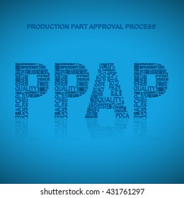 Production part approval process typography background. Blue background with main title PPAP filled by other words related with production part approval process  method. Vector illustration