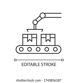 Icono lineal perfecto del píxel de producción. Correa de transporte con cajas de cartón. Proceso de fabricación. Ilustración personalizable de línea delgada. Símbolo de contorno. Dibujo de contorno aislado del vector. Trazo editable