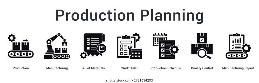 O ícone da Web da faixa de planejamento de produção organiza as ordens de serviço da lista de materiais de fabricação e os processos de controle de qualidade.