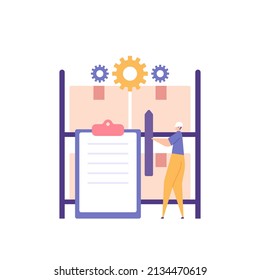 Production Planning and Inventory Control. stock take, warehouse admin, goods supervisor. a staff or worker calculates, records, and manages inventory materials. flat cartoon illustration. concept