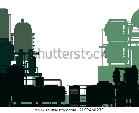Production plant. Frame composition. Silhouette of objects. Industrial technical equipment. Factory chemical. Modern technology enterprise. Isolated on white background. Vector.
