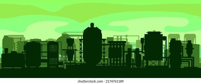 Production plant. Green industry landscape. Silhouette of objects. Industrial technical equipment. Seamless horizontal composition. Factory chemical. Modern technology enterprise. Vector.